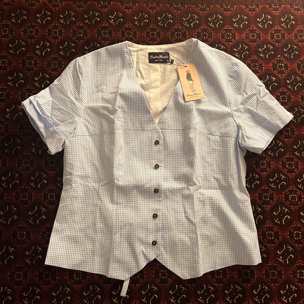 WOMEN'S COTTON GINGHAM BUCKLE BACK TOP BLUE/WHITE GINGHAM